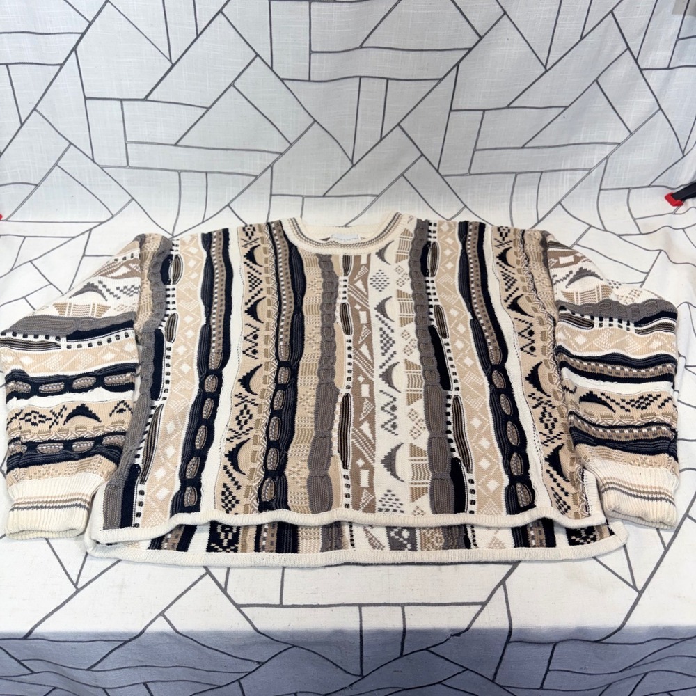 Christopher & Banks Sweater Medium Cream Multi Pattern Ramie Cotton Crewneck